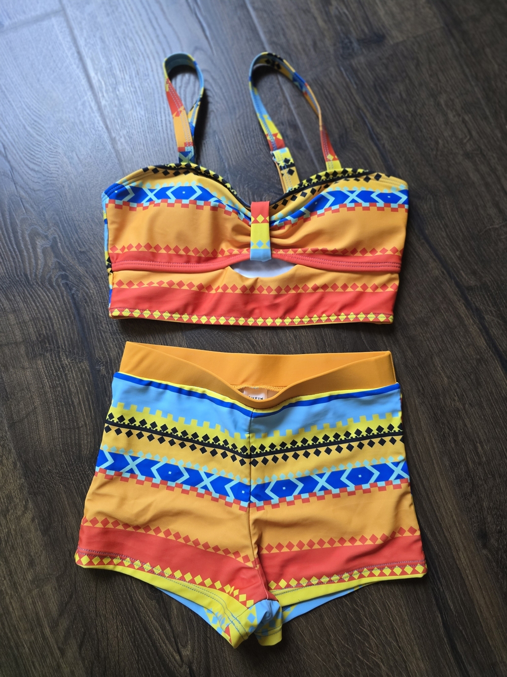 SHEIN Yellow, Blue & Red Tribal Print Kids Swim Trunks Set